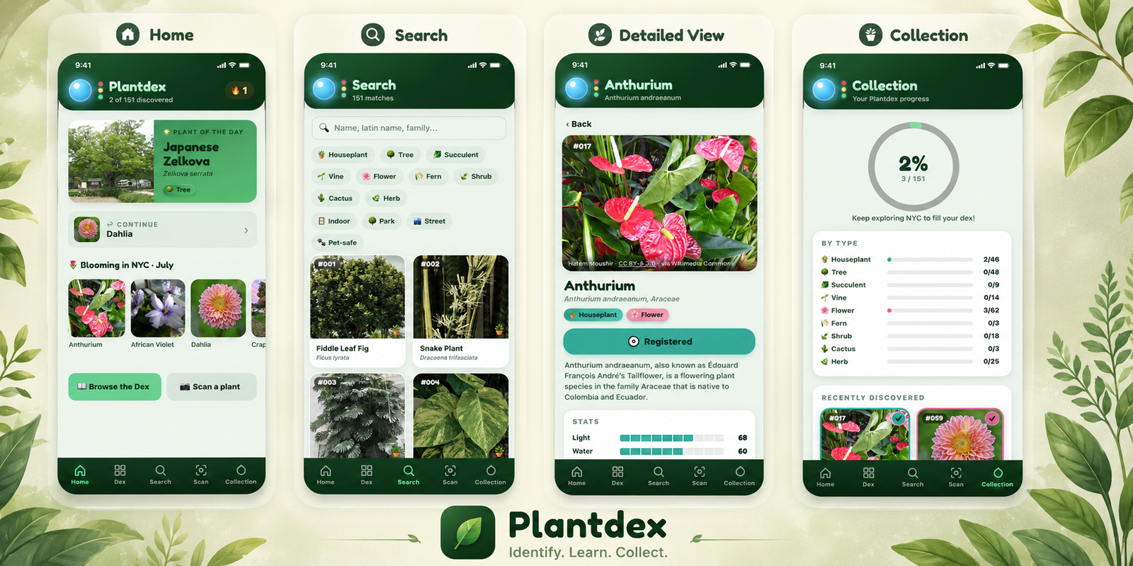 The four panes of Plantdex — Dex, Search, Collection, and Home