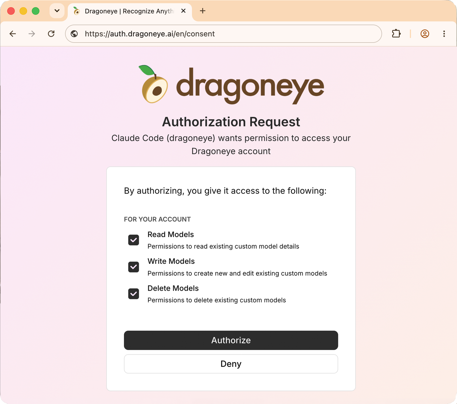 The browser OAuth authorize screen for the Dragoneye MCP