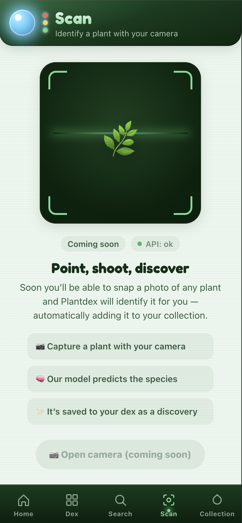 The Plantdex Scan screen with no backend behind it