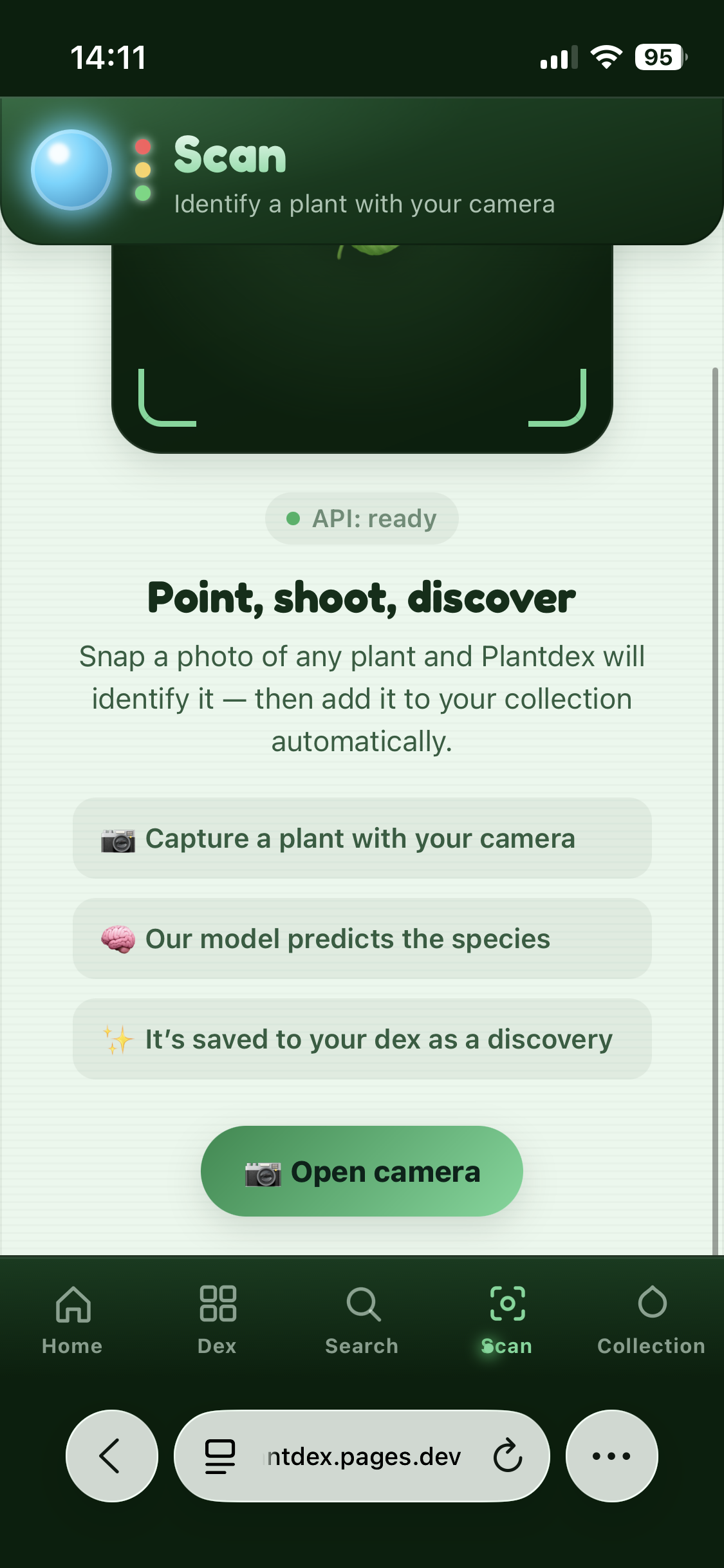 The Plantdex scan screen, showing an API: ready badge and a point-shoot-discover flow